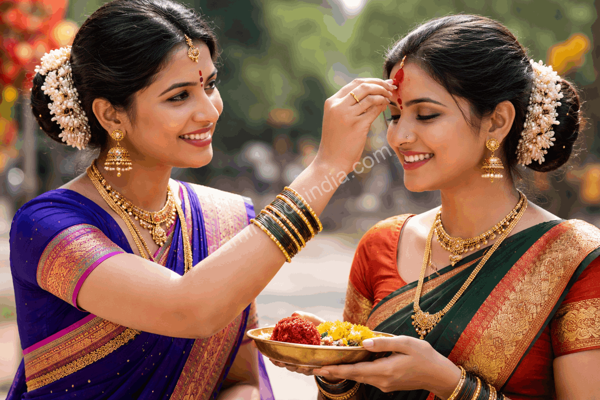 Mulher aplica kumkum no rosto de outra mulher durante a celebração de Makar Sankranti em Maharashtra, vestidas com trajes tradicionais.