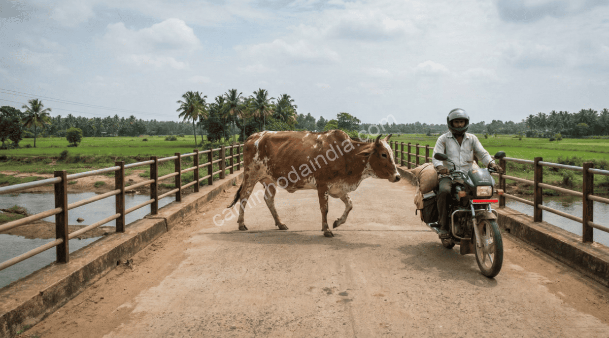 moto-desvia-de-vaca-em-ponte-na-india Pessoa desviando cuidadosamente de uma vaca enquanto passa de moto em uma ponte na Índia