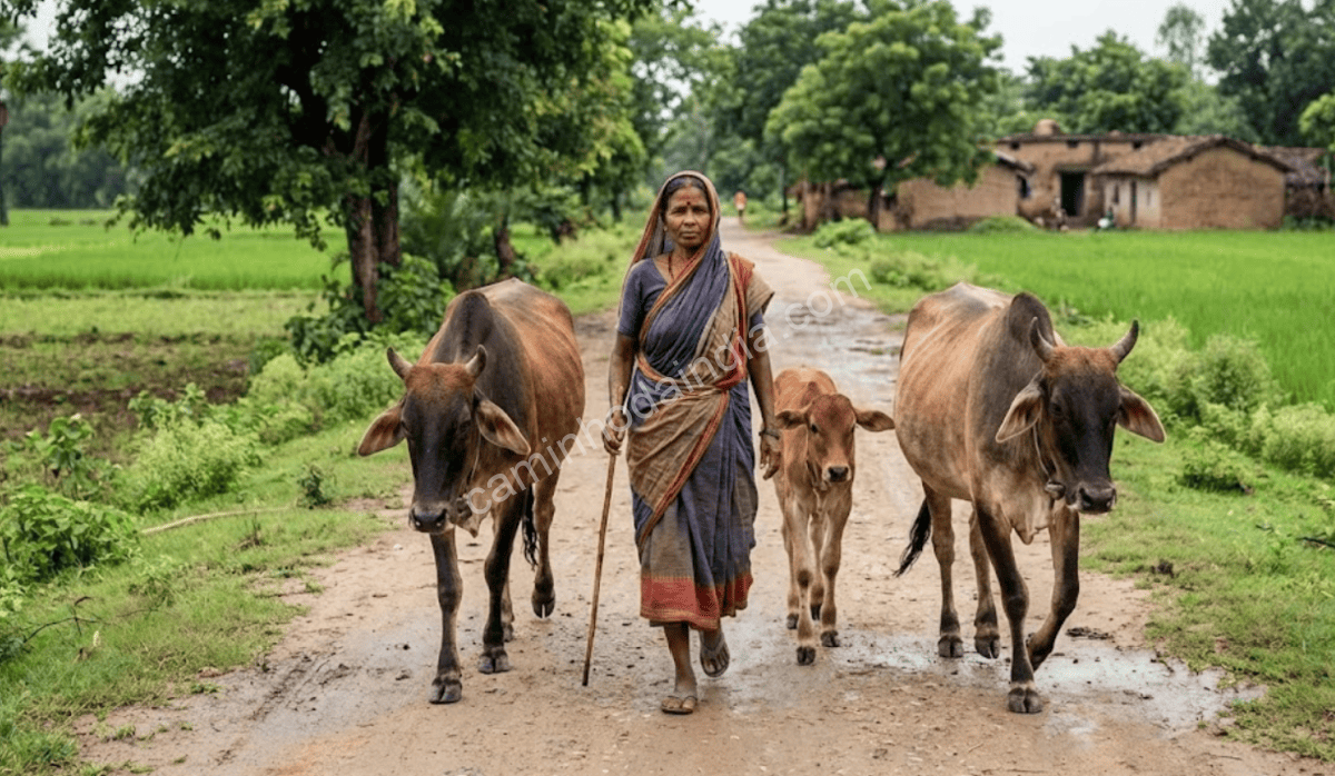 mulher-rural-com-suas-vacas-na-india Mulher rural caminhando com suas vacas em um cenário de campo