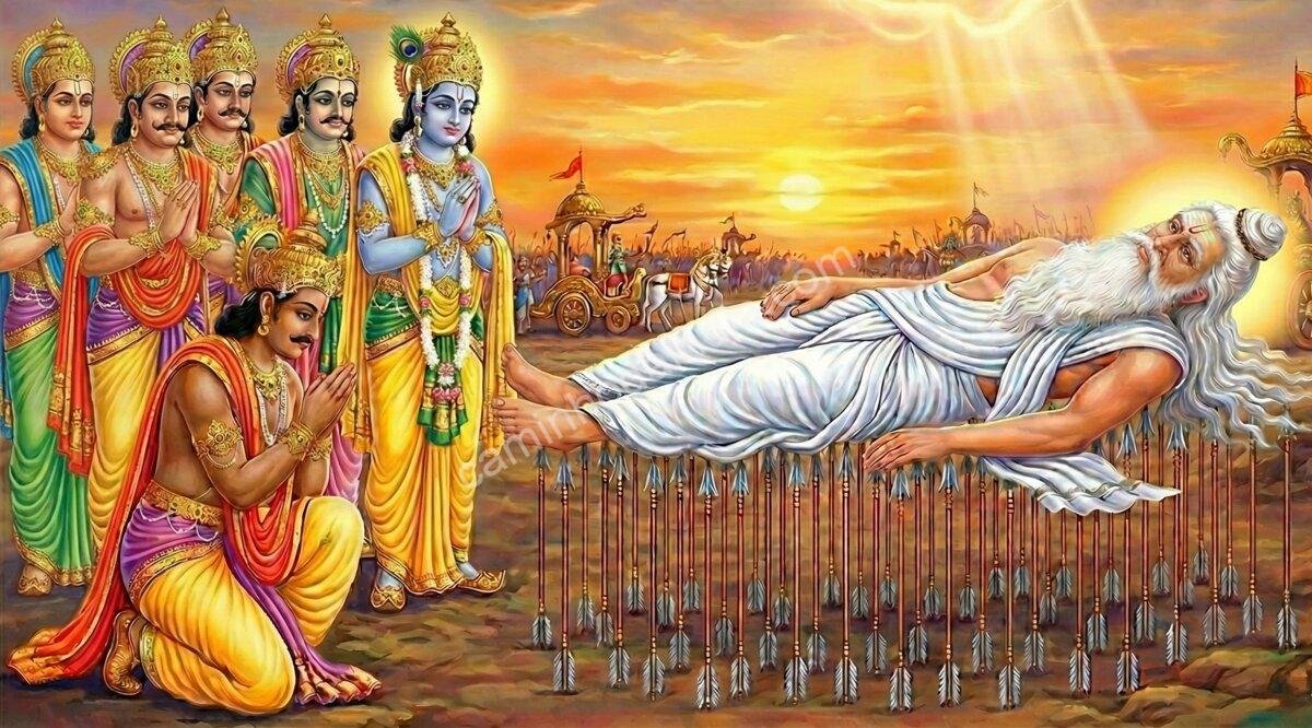pandavas-krishna-visita-bhishmacharya-makar-sankranti Pandavas e Krishna visitam Bhishmacharya deitado sobre a cama de flechas, enquanto ele decide deixar o corpo no dia de Makar Sankranti.