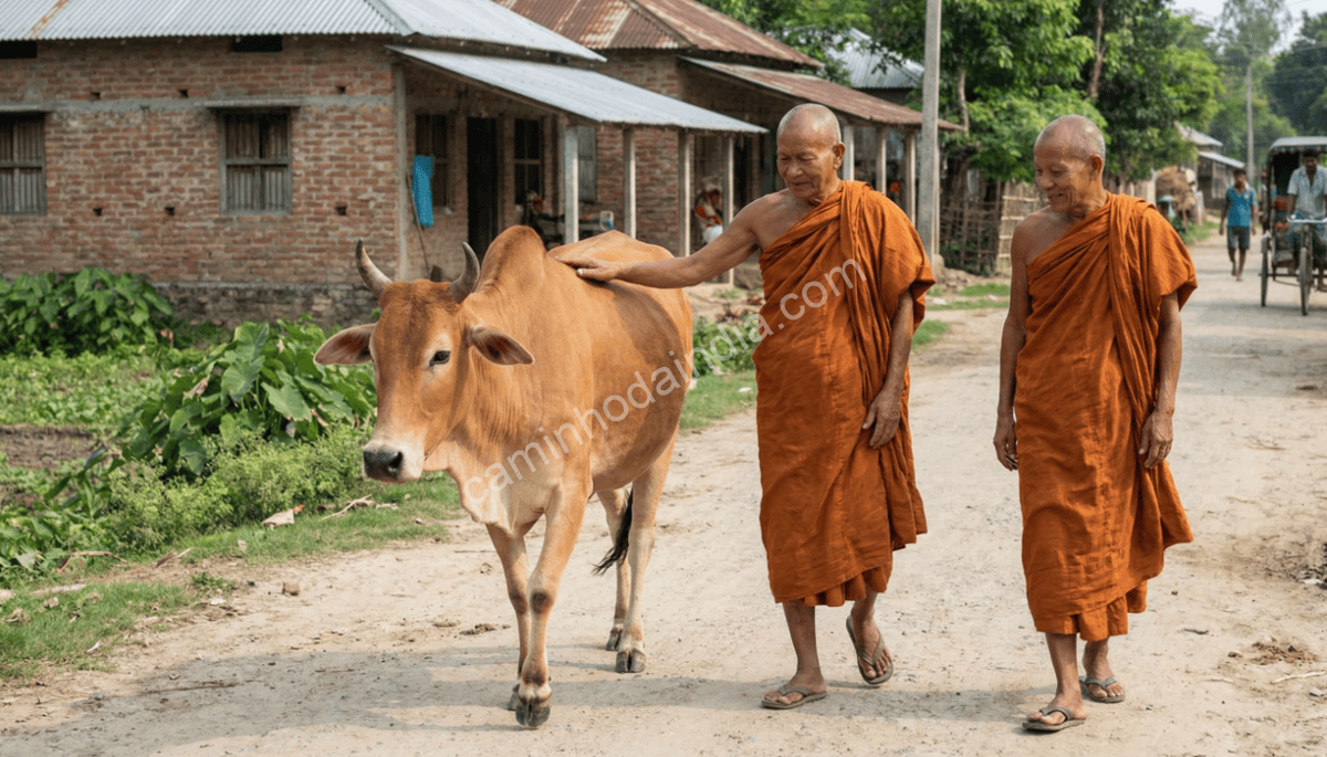 Pessoas tocando vacas em uma estrada na Índia, cena comum do cotidiano