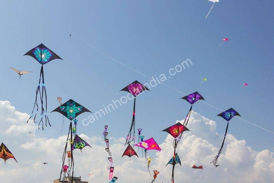 pipas-coloridas-no-ceu-makar-sankranti Pipas coloridas no céu azul durante Makar Sankranti, celebrando o festival com alegria e tradição