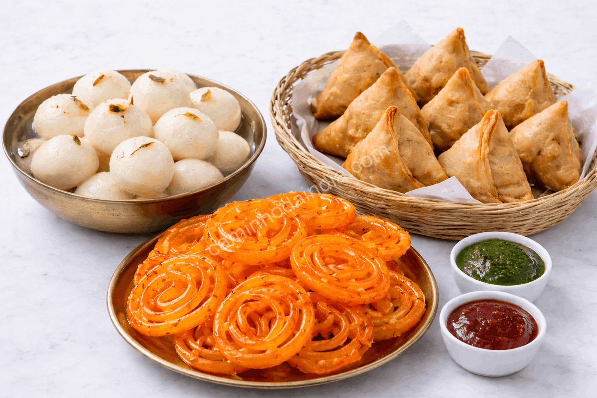 Rasgulla, jalebi e samosa servidos como prasad durante a Durga Puja