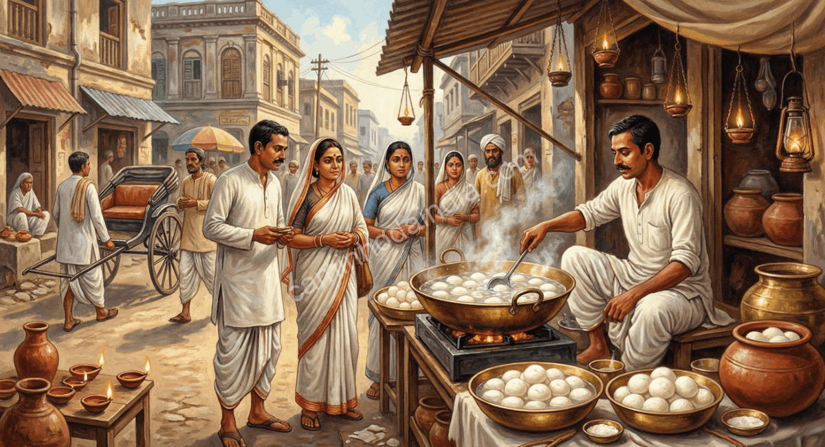 rasgulla-preparo-venda-kolkata-seculo-xix Rasgulla sendo preparado e vendido nas ruas movimentadas de Kolkata no século XIX