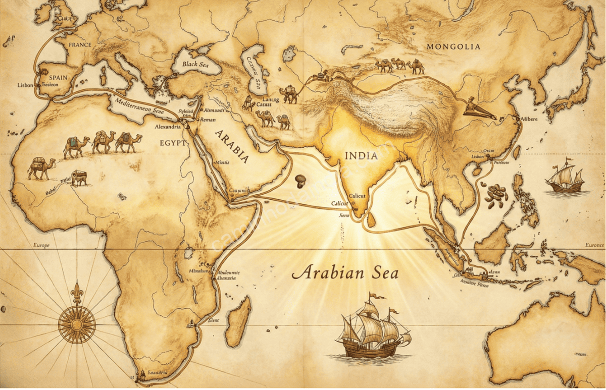 rotas-das-especiarias-indianas-egito-arabes-navegacoes Rotas antigas do comércio de especiarias indianas ligando Egito, Oriente Médio e Europa
