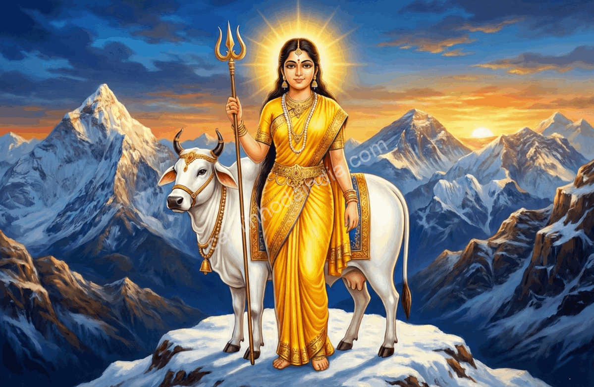 Shailaputri, a primeira forma da Deusa Durga, segurando tridente