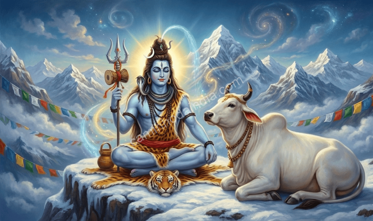 shiva-em-kailasa-com-nandi Shiva em Kailasa sentado em meditação ao lado de Nandi, o touro sagrado