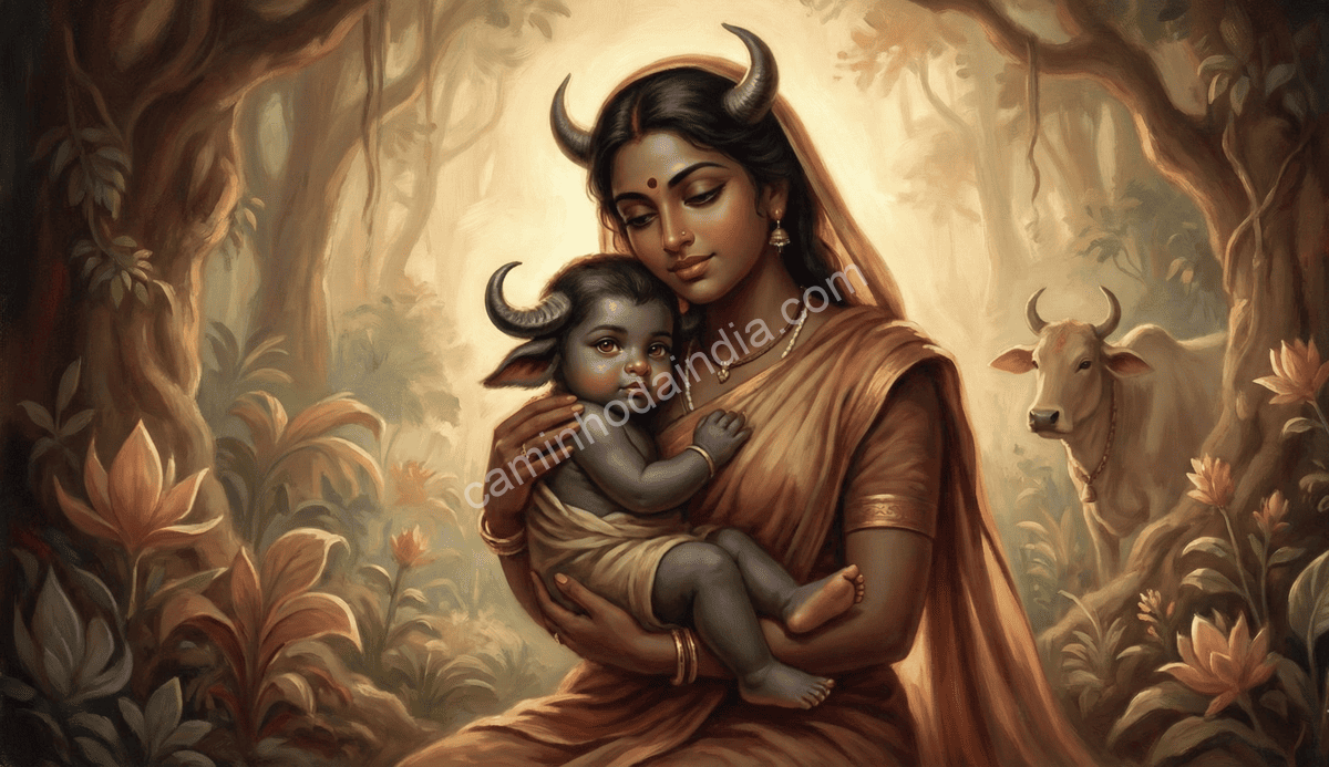 shyamala-segurando-bebe-mahishasura Shyamala segurando seu filho bebê Mahishasura nos braços
