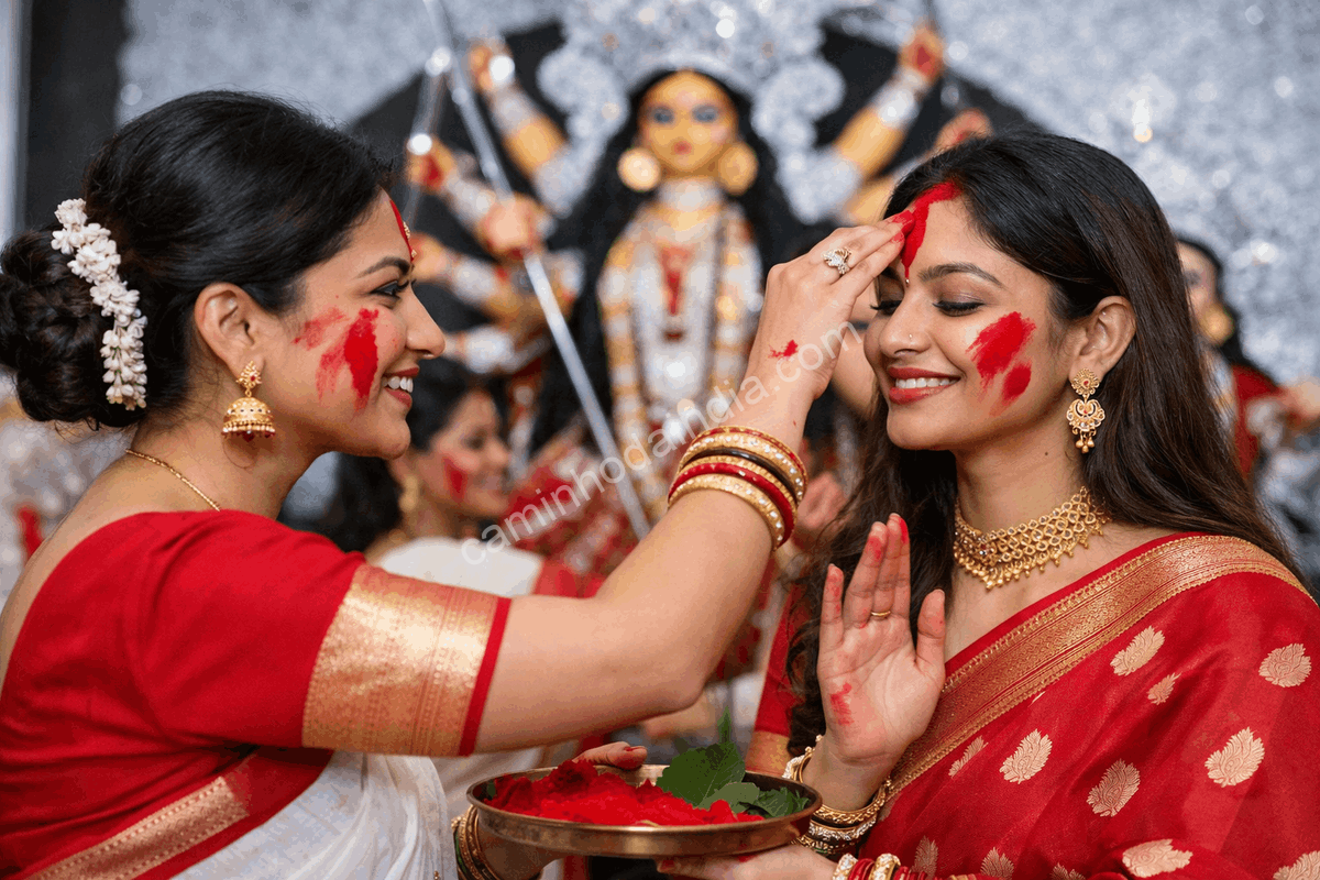 Sindur Khela durante a Durga Puja, mulheres aplicando kumkum como ritual tradicional