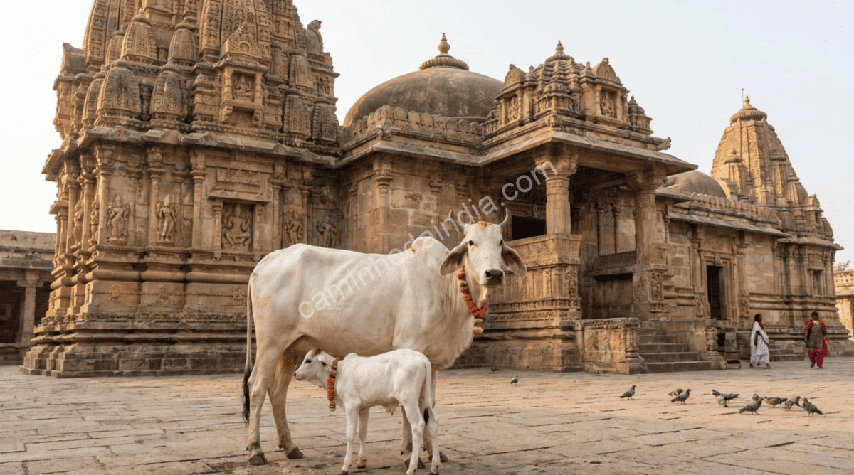 vaca-e-bezerro-em-frente-ao-templo-na-india Vaca e bezerro em frente a um templo, considerados auspiciosos na cultura indiana