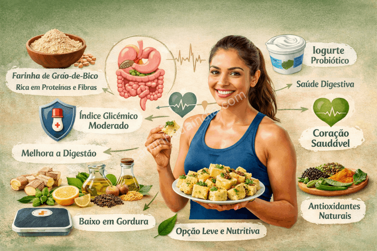 beneficios-saude-dhokla-alimento-fermentado Dhokla, prato fermentado e cozido no vapor, conhecido por seus benefícios à saúde