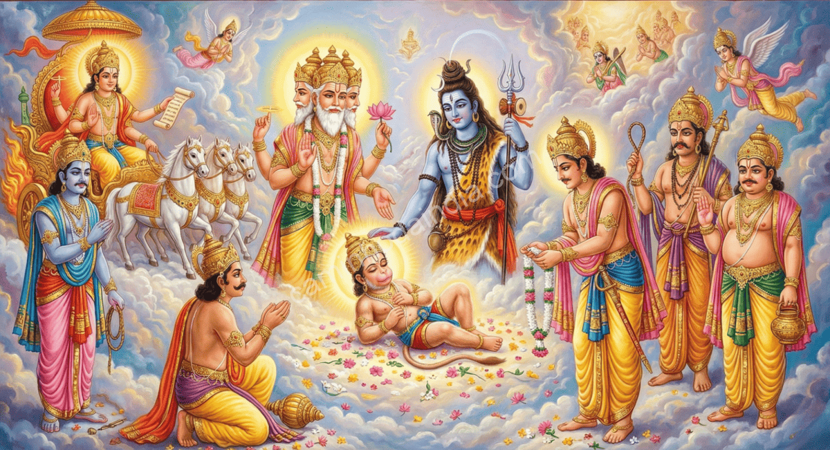 Os deuses reunidos ao redor de Hanuman caído, concedendo-lhe poderes divinos para fortalecê-lo e restaurar a ordem