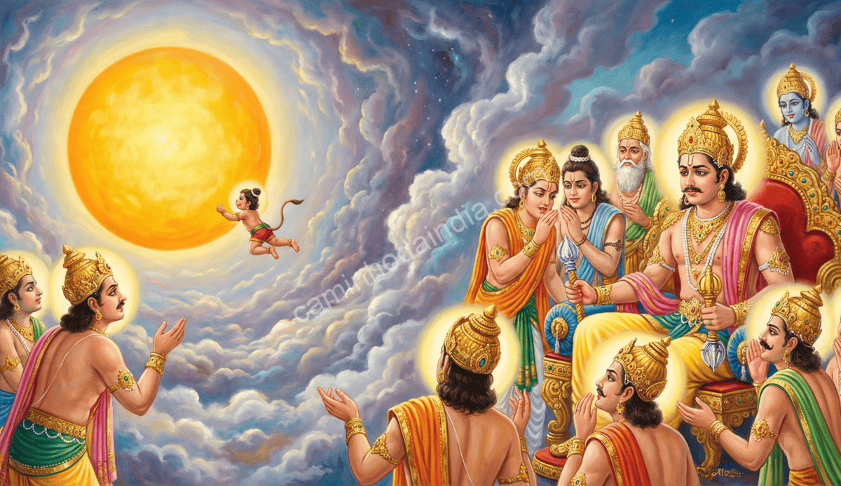 deuses-discutem-com-indra-sobre-viagem-de-hanuman-ao-sol Os deuses reunidos ao redor de Indra discutindo a jornada de Hanuman em direção ao Sol