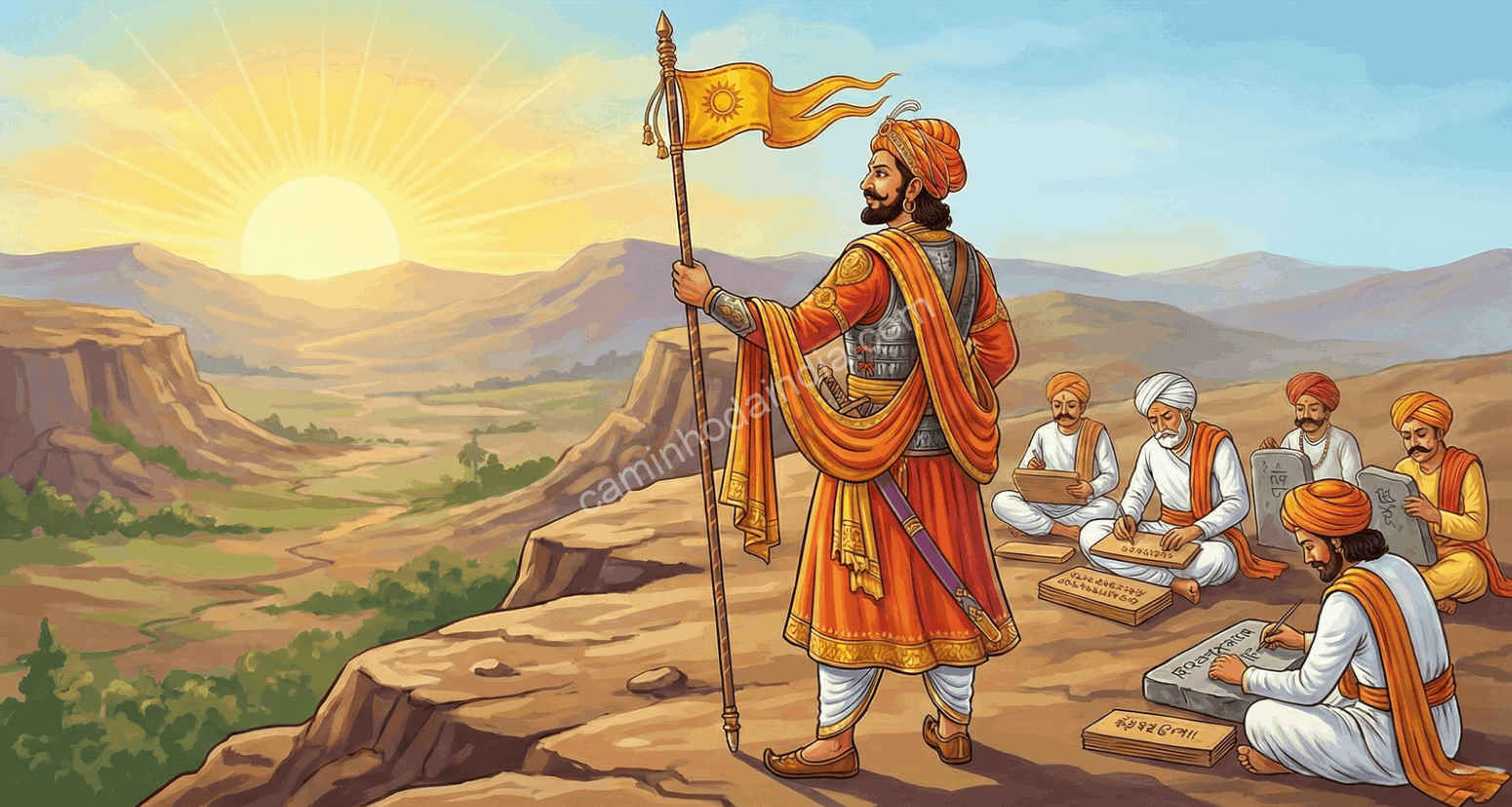 gudi-padwa-origem-shaka-samvat-vitoria-shalivahana Ilustração histórica do rei Shalivahana simbolizando a vitória sobre os Hunas e o início do calendário Shaka Samvat associado ao Gudi Padwa