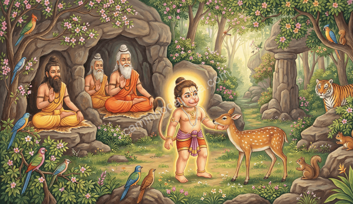 hanuman-crianca-brincando-com-animais-sabios-observam Jovem Hanuman brincando com animais na floresta enquanto sábios observam com admiração