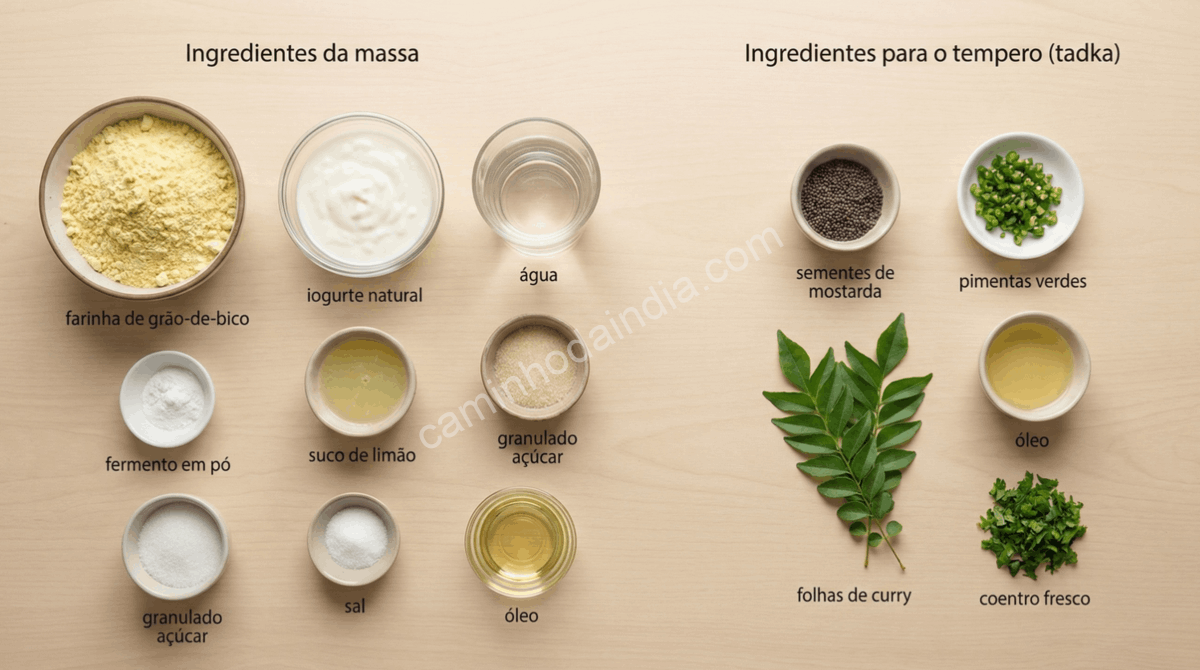 ingredientes-dhokla-khaman-organizados-preparo Ingredientes necessários para preparar dhokla (khaman) organizados sobre a mesa