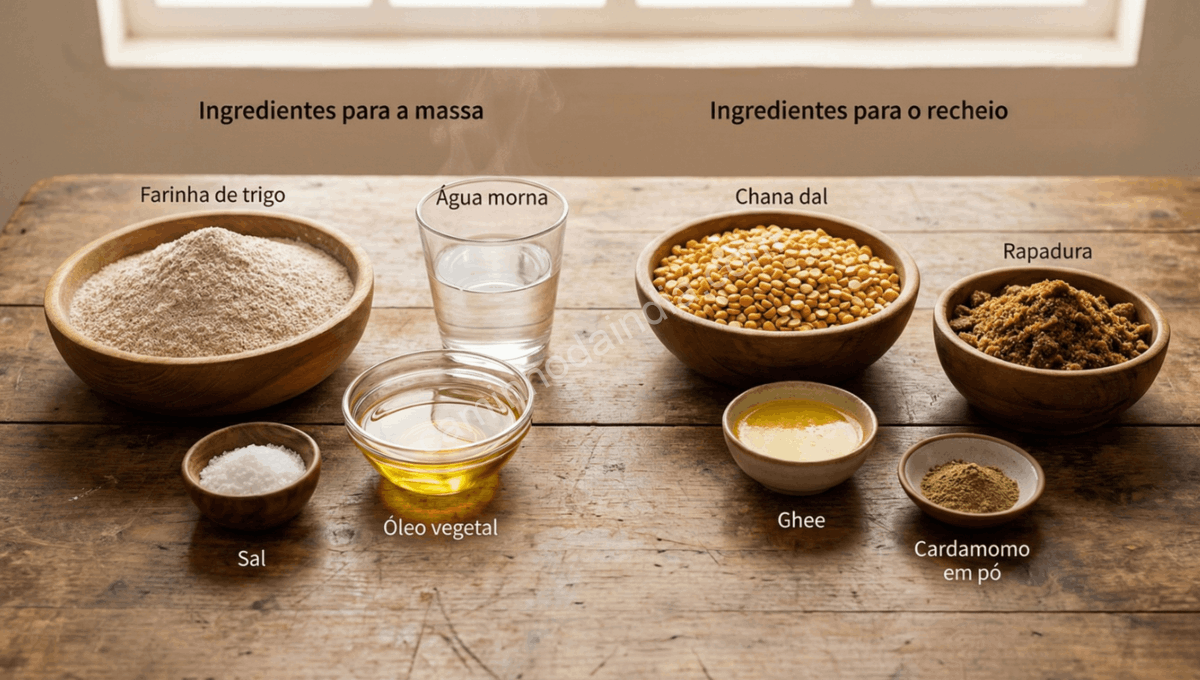 ingredientes-puran-poli-organizados-preparo-tradicional Ingredientes essenciais para preparar puran poli organizados sobre a mesa
