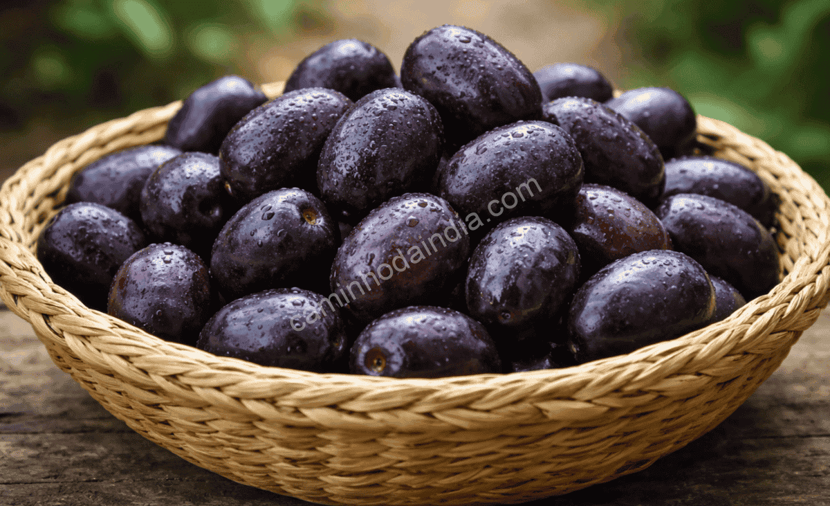 Fruta jamun indiana roxa e arredondada, semelhante à ameixa