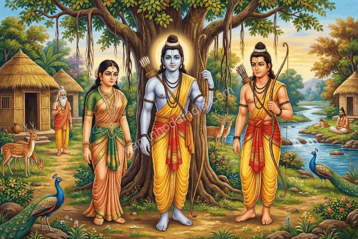 ramayana-epopeia-sanscrito-rama-sita-lakshmana Cena do Ramayana representando Rama, Sita e Lakshmana, personagens centrais da epopeia escrita em sânscrito.