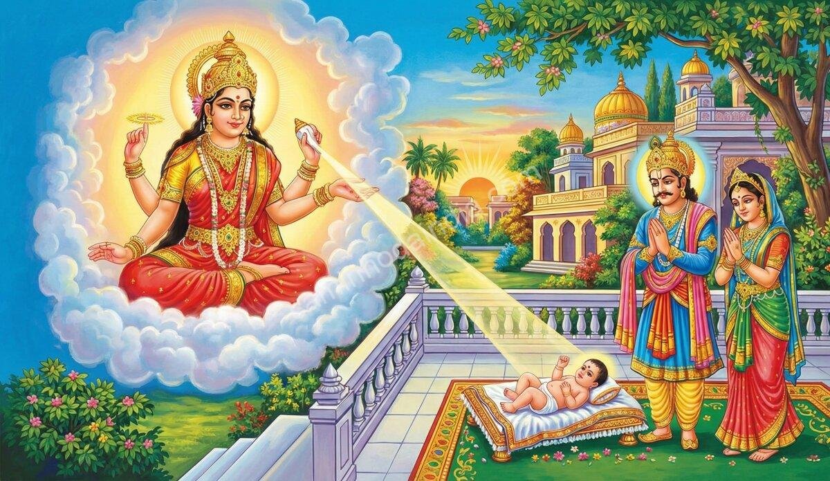 rei-priyavrata-chhathi-maiya-ressurreicao-da-crianca Deusa Shashthi revelando-se como Chhathi Maiya e concedendo vida ao filho do rei Priyavrata