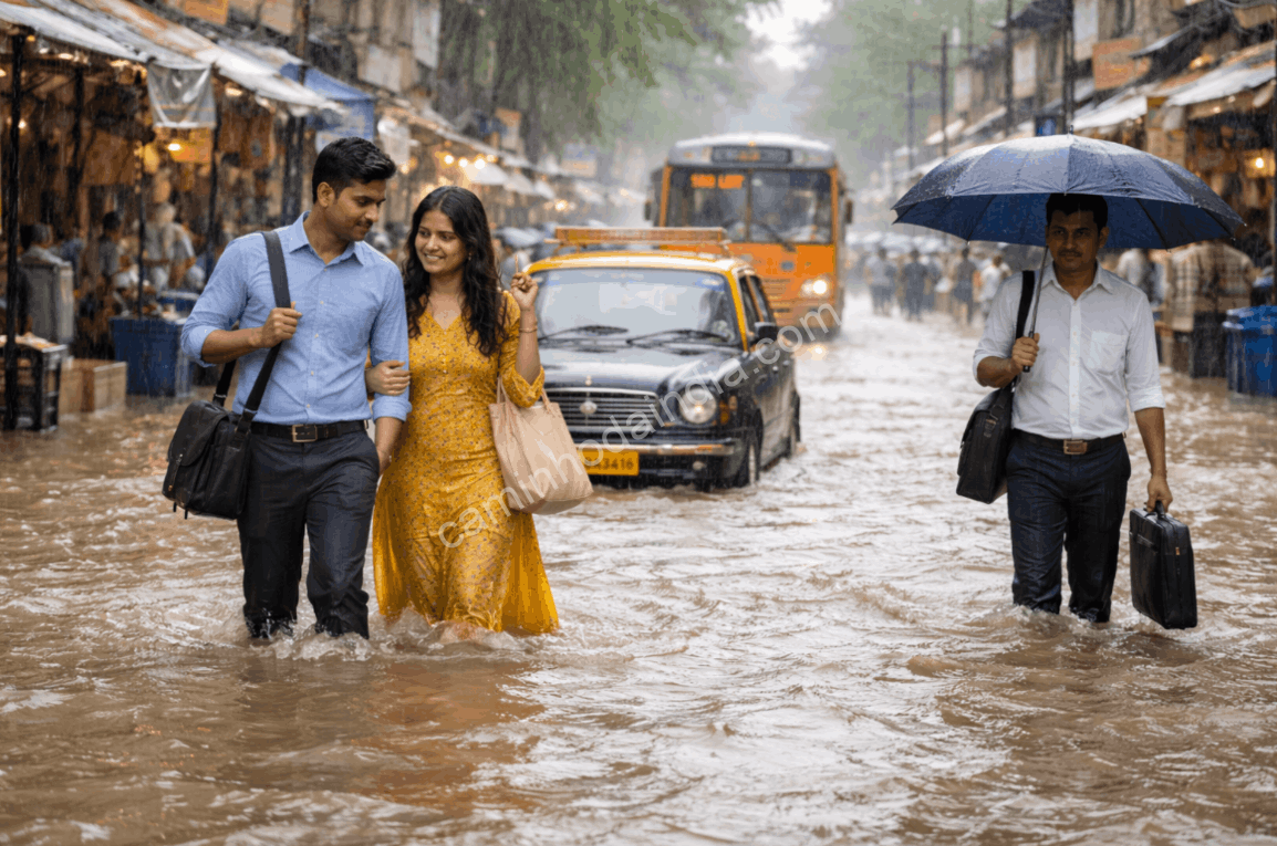 rua-alagada-mumbai-moncoes Moradores caminham por uma rua alagada em Mumbai, retratando o impacto das fortes chuvas de monção na vida cotidiana da cidade.