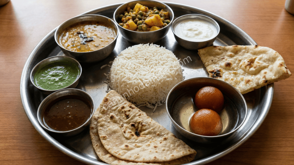 Thali indiano tradicional servido com gulab jamun como sobremesa