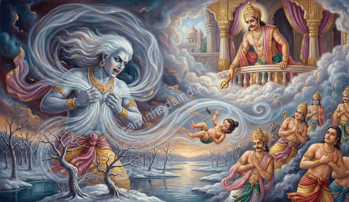 vayu-retirando-o-ar-do-mundo Vayu retirando o ar do mundo em resposta ao ferimento de Hanuman, deixando todos os seres sem respirar