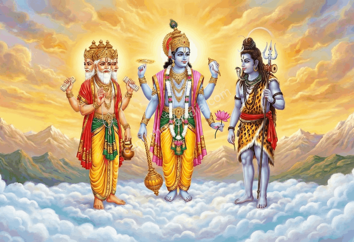 brahma-vishnu-shiva-conselho-samudra-manthan Brahma, Vishnu e Shiva discutindo o Samudra Manthan em um conselho divino
