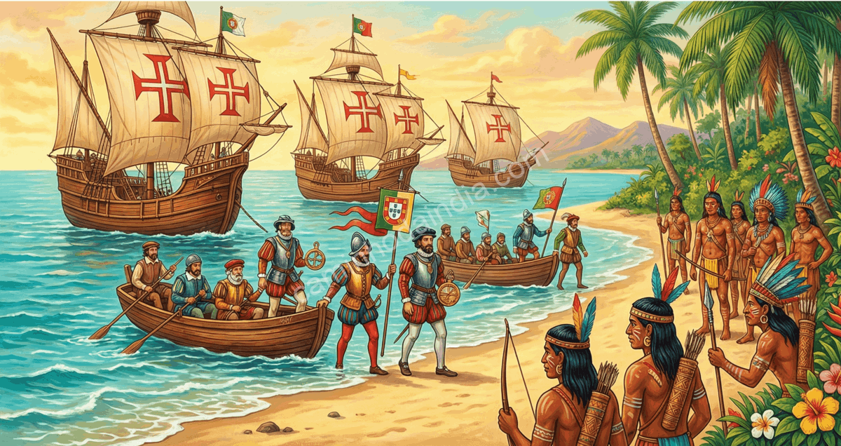 colonizadores- europeus-Brasil colonizadores europeus chegando ao Brasil, retratando os primeiros encontros durante o período colonia