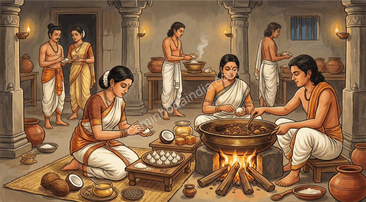 cozinha-era-gupta-preparo-modak-india-antiga Cozinha da Era Gupta com preparo tradicional de modak na Índia antiga