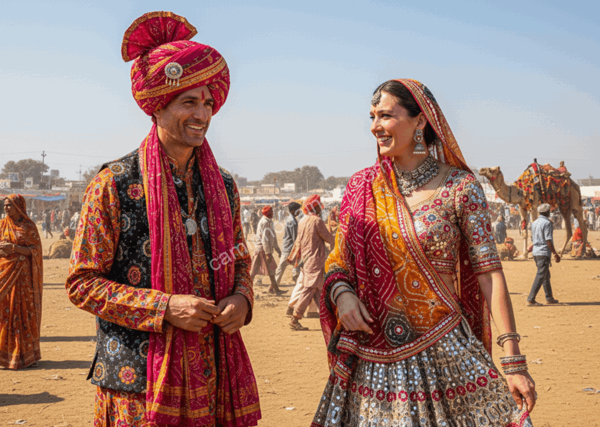 Estrangeiros vestindo trajes tradicionais indianos durante o Pushkar Mela