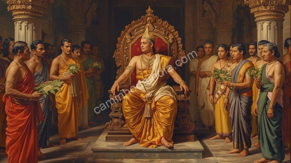 ilustracao-maharaja-sakthan-thampuran-sacerdotes Ilustração do Maharaja Sakthan Thampuran atendendo às queixas dos sacerdotes do templo, refletindo seu papel como governante justo e administrador atento