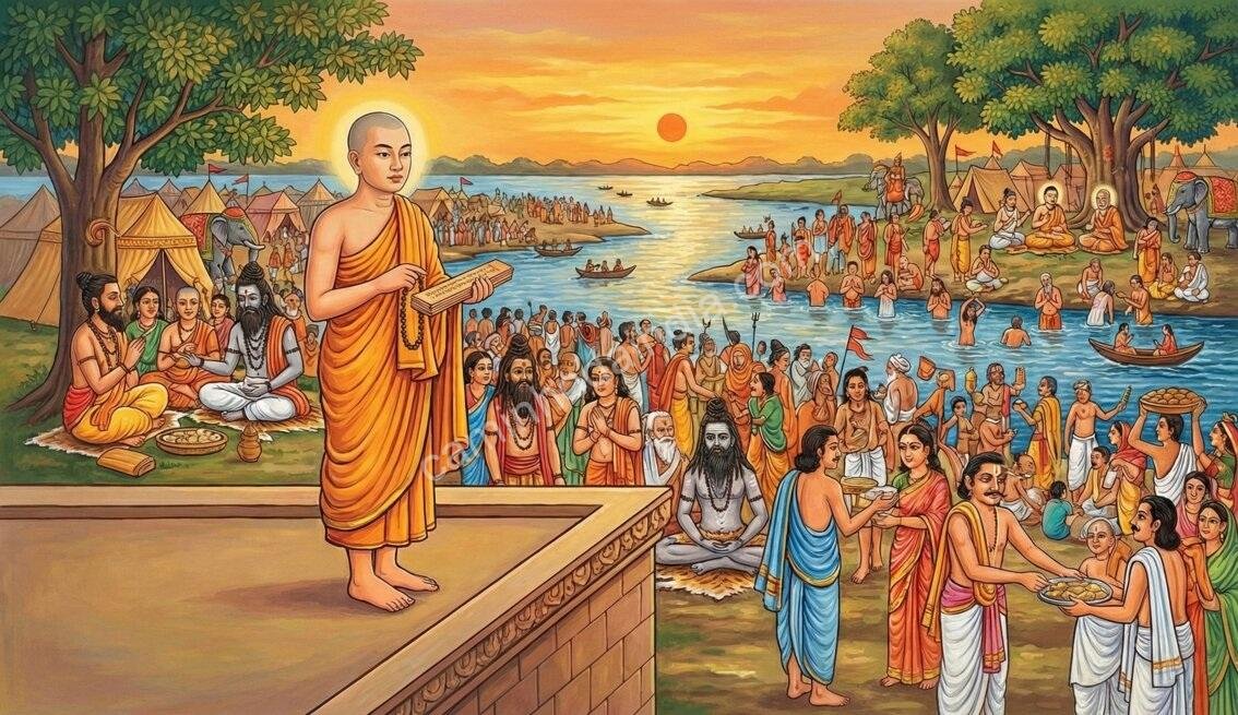 Ilustração do monge chinês Xuanzang observando grandes assembleias espirituais e banhos rituais na Índia antiga durante sua visita a Prayagraj