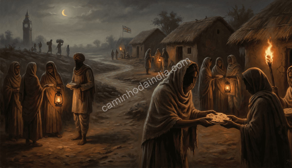 Ilustração do alegado Movimento dos Chapatis antes da Revolta de 1857 na Índia