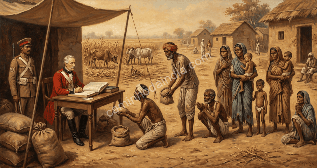 Oficiais britânicos pressionando e assediando agricultores indianos pobres através do sistema zamindari, simbolizando a exploração e opressão colonial no campo