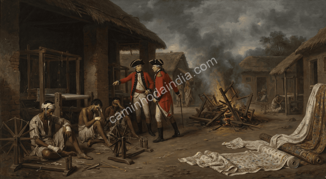 Oficiais britânicos destruindo teares tradicionais e prejudicando tecelões indianos, refletindo a repressão à indústria têxtil nativa durante o período colonial