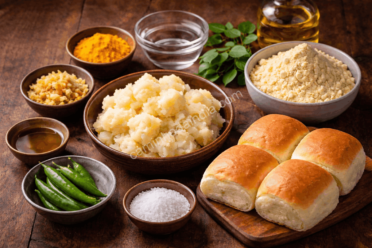 ingredientes-vada-pav-organizados-sobre-a-mesa Ingredientes para preparar vada pav organizados sobre a mesa