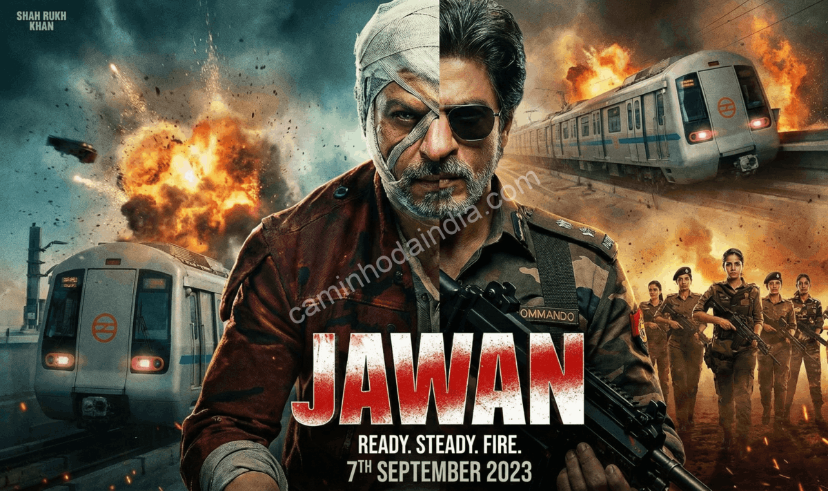 Cartaz ou cena do filme Jawan, sucesso de bilheteria de Bollywood, que arrecadou mais de 16 milhões de dólares nos Emirados Árabes Unidos