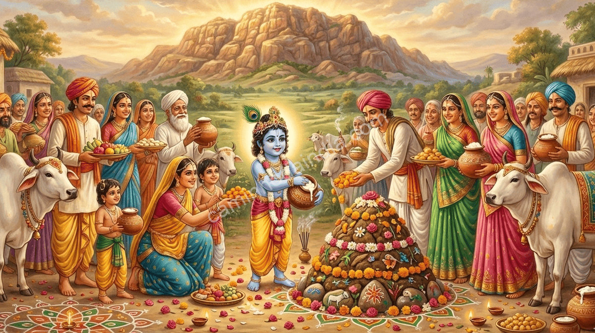 krishna-auxiliando-vilarejos-govardhan-puja Krishna ajudando os moradores de Vrindavan durante o Govardhan Puja, orientando as oferendas ao Monte Govardhan.