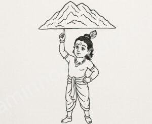 Krishna erguendo o Monte Govardhan para proteger o povo de Vrindavan das chuvas torrenciais