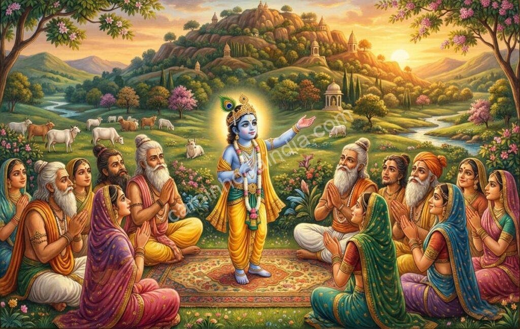 krishna-orientando-anciãos-adorar-monte-govardhan-e-nao-indra Krishna orientando os anciãos a adorarem o Monte Govardhan em vez de Indra