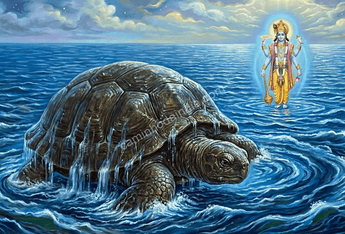 kurma-avatar-vishnu Avatar Kurma de Vishnu preparando-se para sustentar o Monte Mandara durante o Samudra Manthan