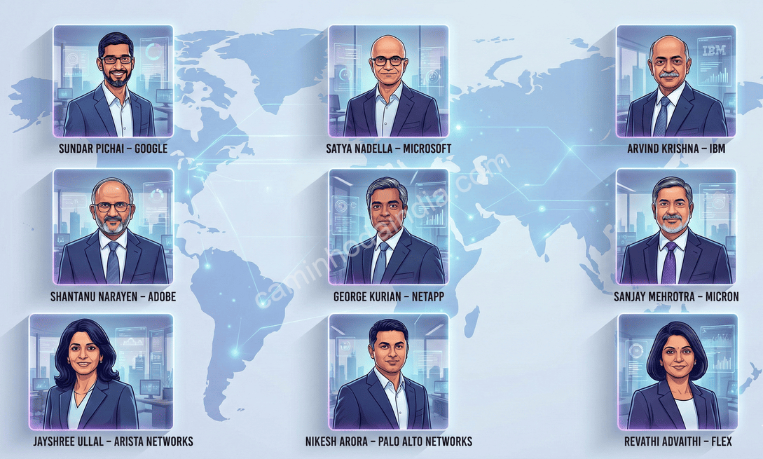lista-ceos-origem-indiana-empresas-eua-novo Ilustração representando CEOs de origem indiana que comandam algumas das maiores empresas dos Estados Unidos, destacando sua influência global no mundo corporativo