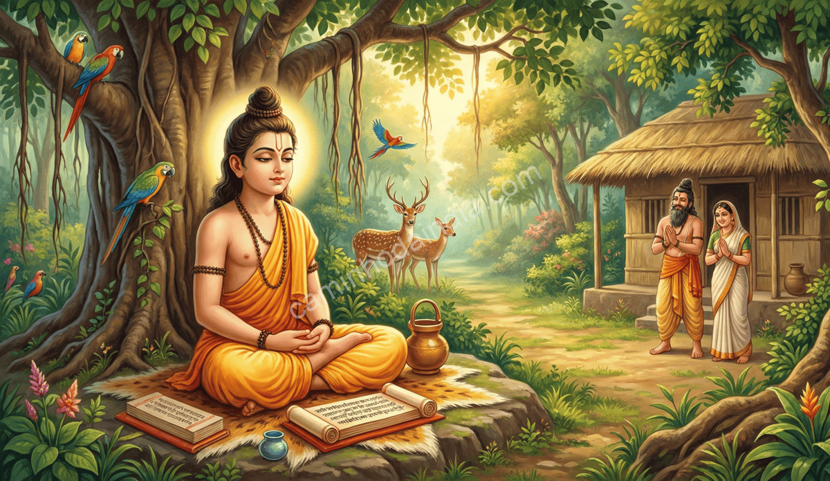 markandeya-meditando-estudos-pais-observando Markandeya meditando e estudando as escrituras sagradas enquanto seus pais o observam com admiração