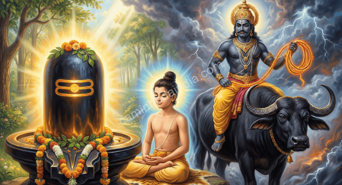 markandeya-orando-a-shiva-yama-aparece-para-tomar-alma Markandeya orando diante do lingam de Shiva enquanto Yama aparece para tomar sua alma