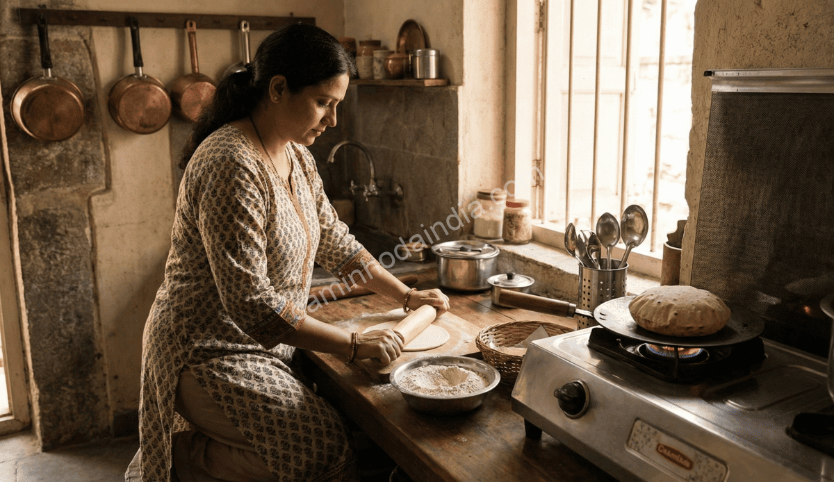 Mulher indiana fazendo chapati na cozinha