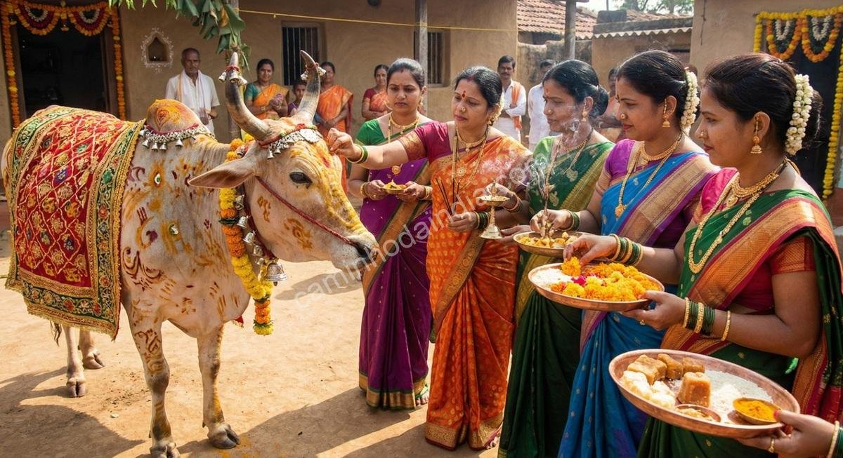 Mulheres indianas realizando Go Puja diante de uma vaca decorada com flores, rangoli e oferendas tradicionais