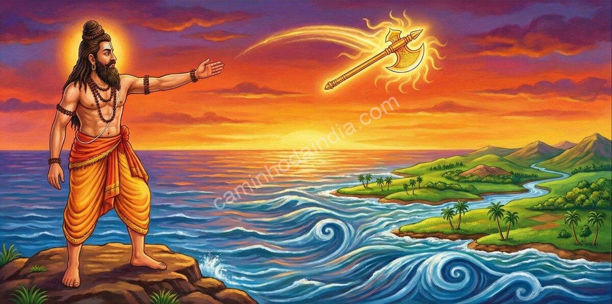 parashurama-lancando-parashu-criacao-kerala Ilustração de Parashurama lançando seu parashu no oceano, dando origem à terra de Kerala segundo a tradição