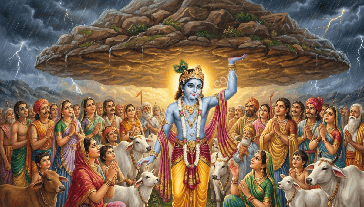 Pequeno Krishna erguendo o Monte Govardhan com facilidade divina