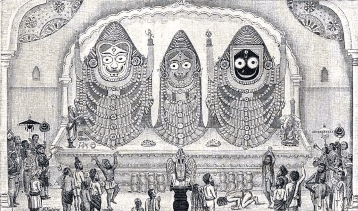 pintura-idolos-balabhadra-subhadra-jagannath-1877 Pintura de 1877 retratando os ídolos de Balabhadra, Subhadra e Jagannath em estilo artístico tradicional